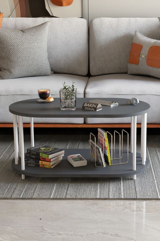Modern Oval Orta Sehpa Çift Katlı Metal Ayaklı Salon, Ofis, Dekoratif Sehpa, Beyaz Demir