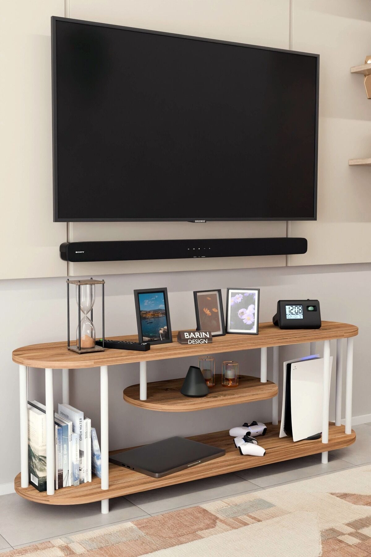 Barın Design Modern TV Ünitesi Ahşap Raflı 2 Katlı Televizyon Sehpası Minimalist, Dayanıklı, TV Standı Beyaz Demir