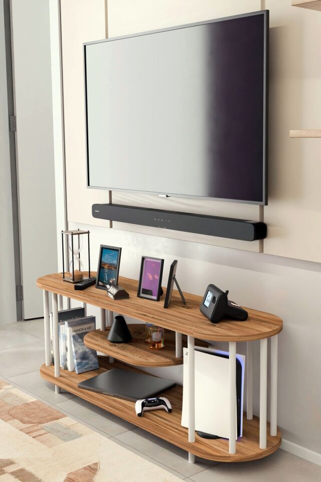 Modern TV Ünitesi Ahşap Raflı 2 Katlı Televizyon Sehpası Minimalist, Dayanıklı, TV Standı Beyaz Demir