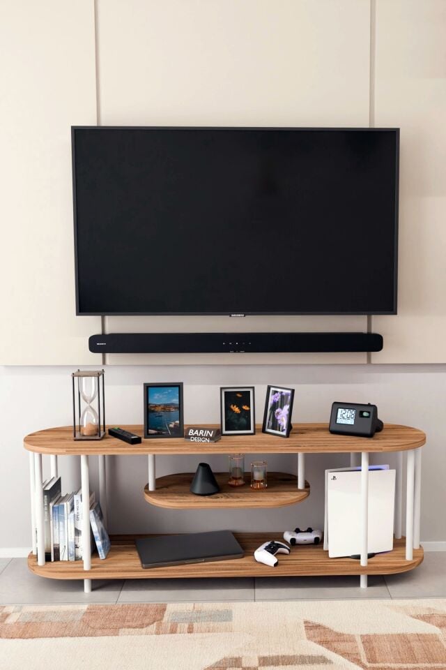 Modern TV Ünitesi Ahşap Raflı 2 Katlı Televizyon Sehpası Minimalist, Dayanıklı, TV Standı Beyaz Demir