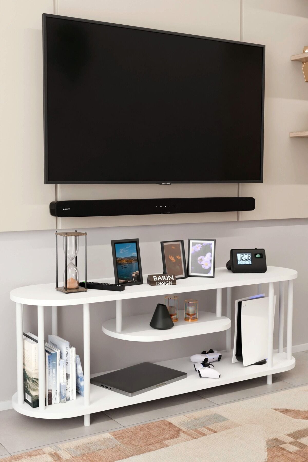 Barın Design Modern TV Ünitesi Ahşap Raflı 2 Katlı Televizyon Sehpası Minimalist, Dayanıklı, TV Standı Beyaz Demir