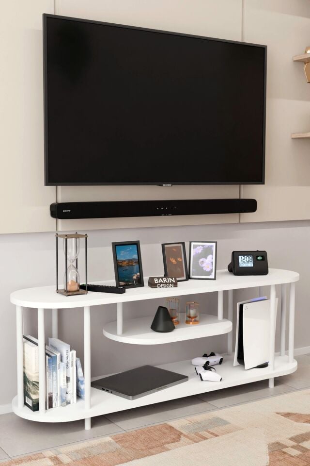 Modern TV Ünitesi Ahşap Raflı 2 Katlı Televizyon Sehpası Minimalist, Dayanıklı, TV Standı Beyaz Demir