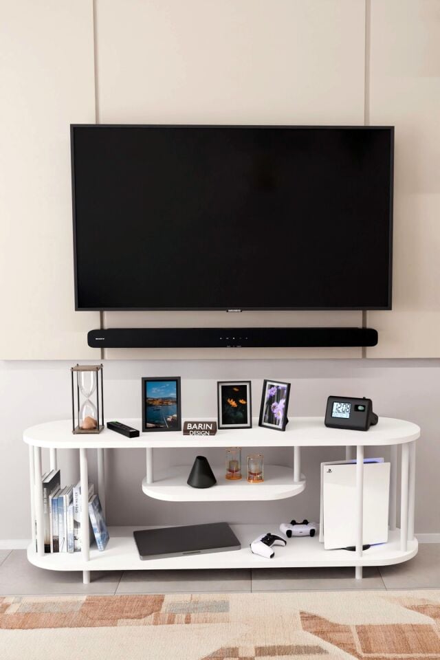 Modern TV Ünitesi Ahşap Raflı 2 Katlı Televizyon Sehpası Minimalist, Dayanıklı, TV Standı Beyaz Demir