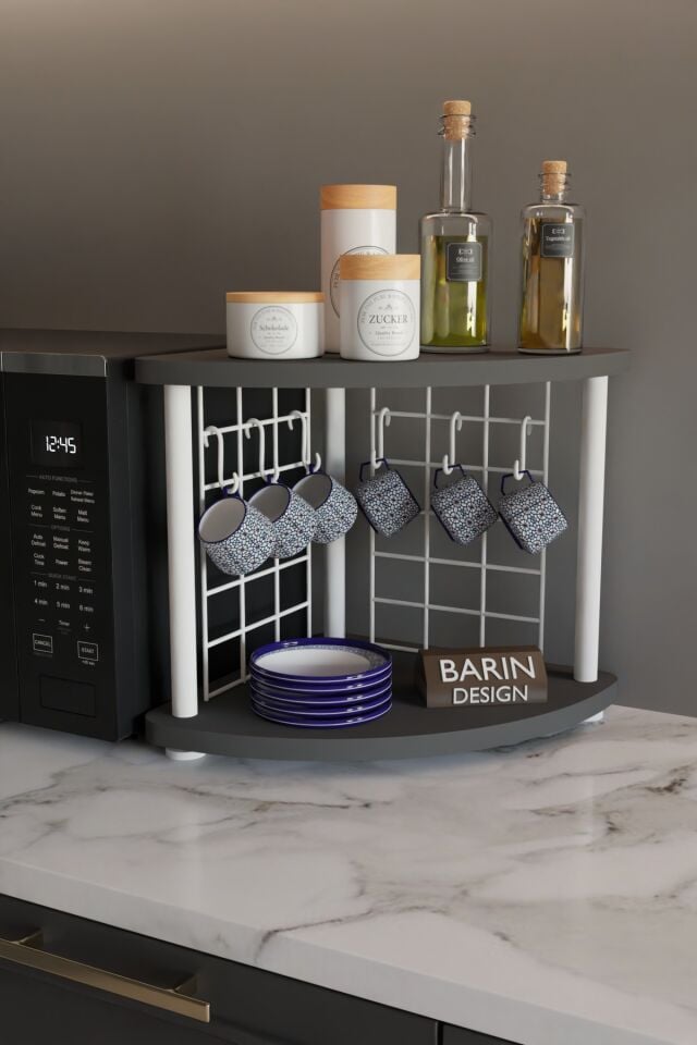 Metal Telli Kahve Köşesi Çevirtak Çok Amaçlı Mutfak Standı Tezgah Üstü Düzenleyici Çift Katlı Askılı