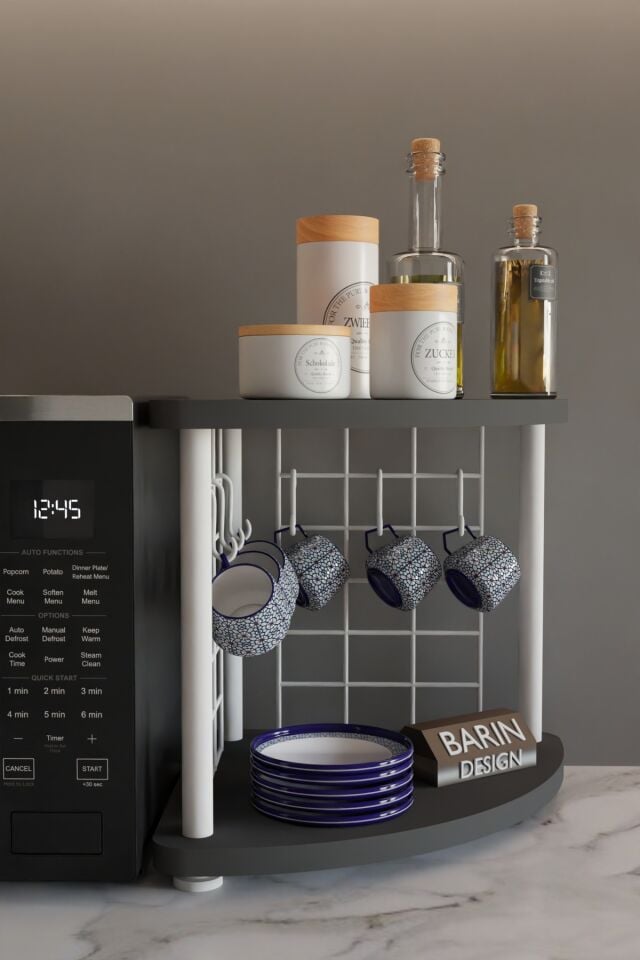 Metal Telli Kahve Köşesi Çevirtak Çok Amaçlı Mutfak Standı Tezgah Üstü Düzenleyici Çift Katlı Askılı