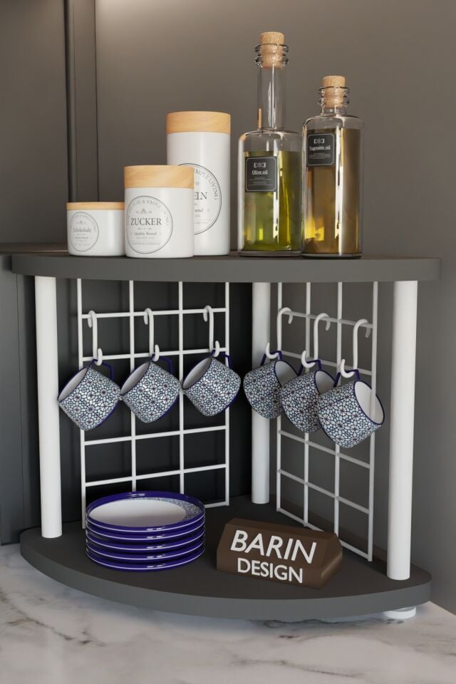 Metal Telli Kahve Köşesi Çevirtak Çok Amaçlı Mutfak Standı Tezgah Üstü Düzenleyici Çift Katlı Askılı