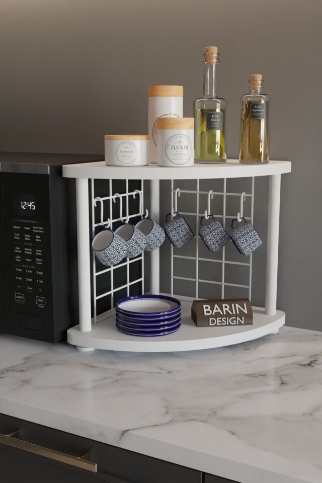 Metal Telli Kahve Köşesi Çevirtak Çok Amaçlı Mutfak Standı Tezgah Üstü Düzenleyici Çift Katlı Askılı Beyaz