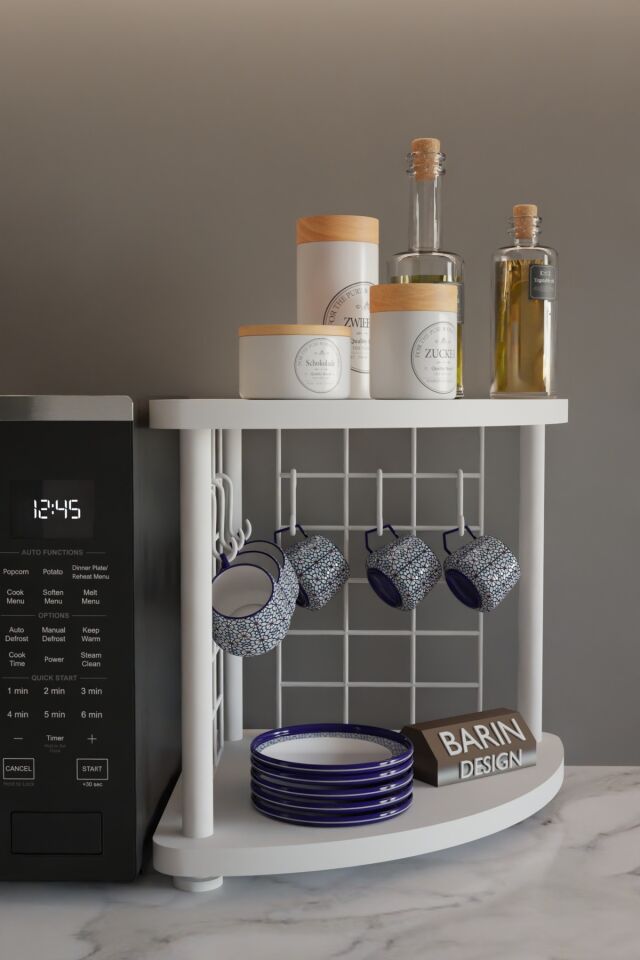 Metal Telli Kahve Köşesi Çevirtak Çok Amaçlı Mutfak Standı Tezgah Üstü Düzenleyici Çift Katlı Askılı Beyaz