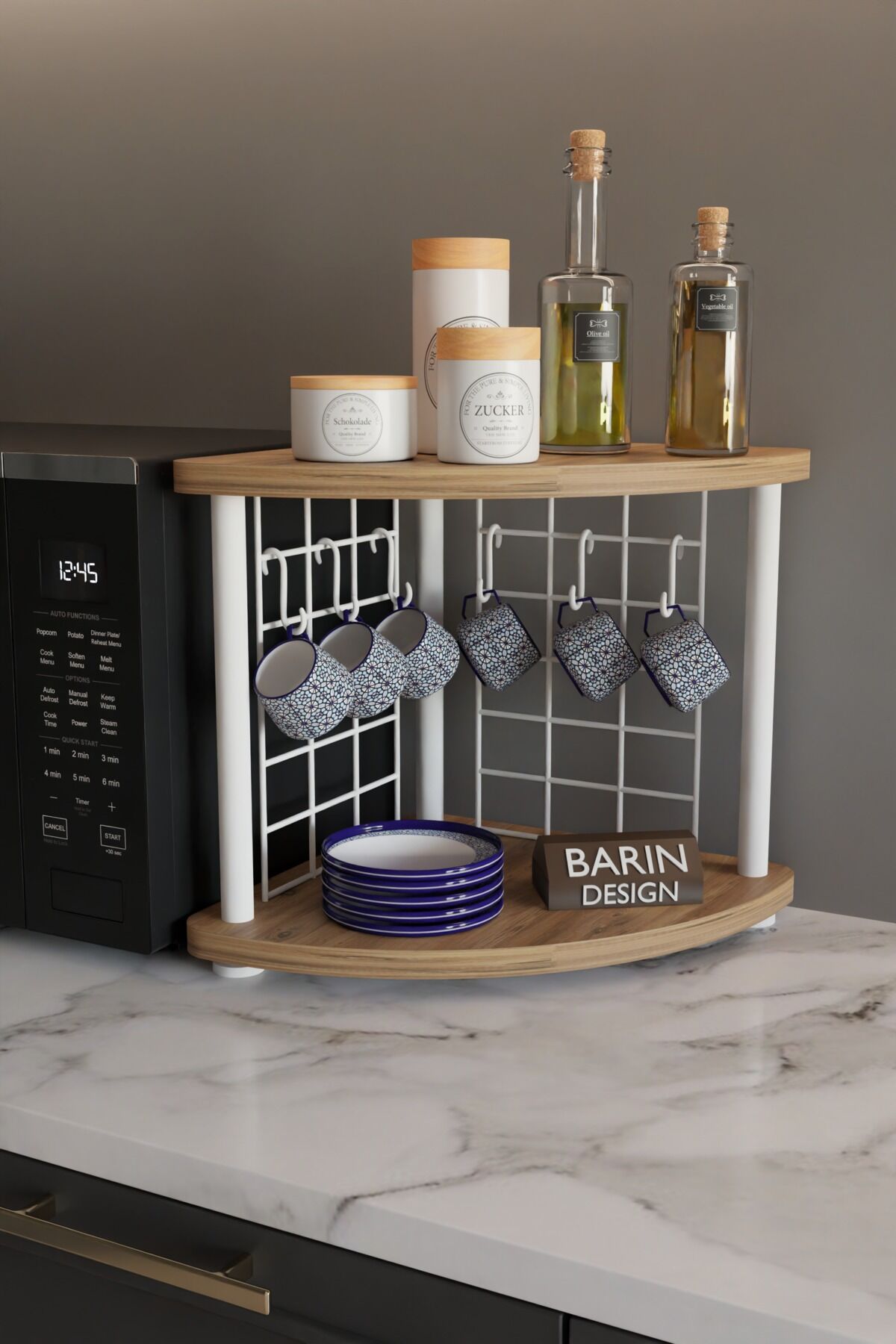 Metal Telli Kahve Köşesi Çevirtak Çok Amaçlı Mutfak Standı Tezgah Üstü Düzenleyici Çift Katlı Askılı