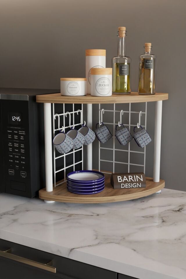 Metal Telli Kahve Köşesi Çevirtak Çok Amaçlı Mutfak Standı Tezgah Üstü Düzenleyici Çift Katlı Askılı