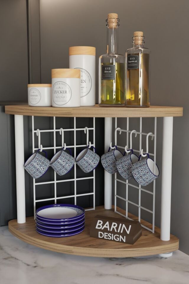 Metal Telli Kahve Köşesi Çevirtak Çok Amaçlı Mutfak Standı Tezgah Üstü Düzenleyici Çift Katlı Askılı