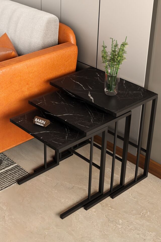 C Zigon Sehpa – 3'lü Modern Metal Yan Sehpa, Laptop Masası ve Koltuk Yanı Kahve Sehpası Siyah Mermer