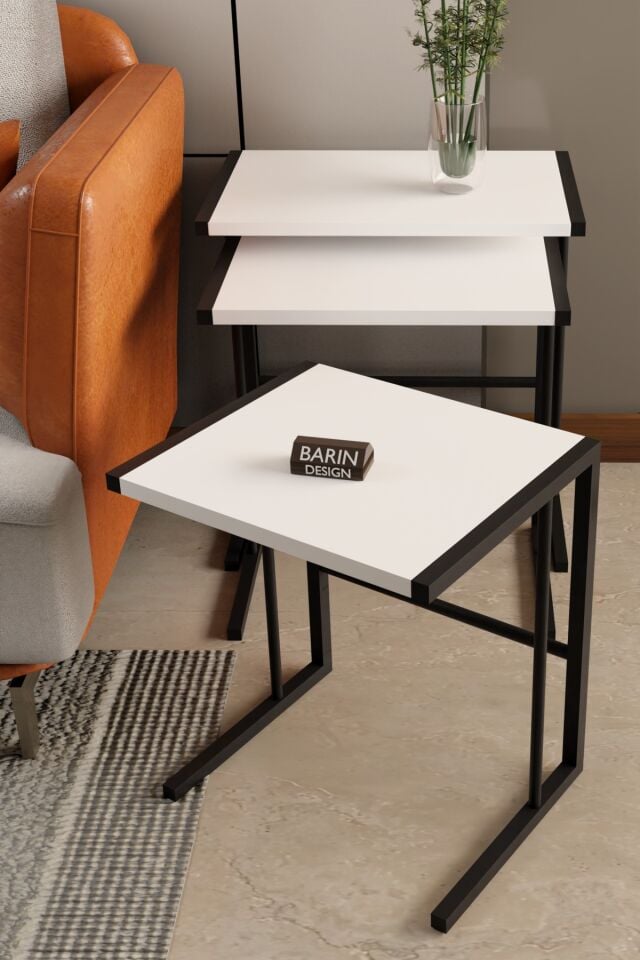 C Zigon Sehpa – 3'lü Modern Metal Yan Sehpa, Laptop Masası ve Koltuk Yanı Kahve Sehpası Beyaz