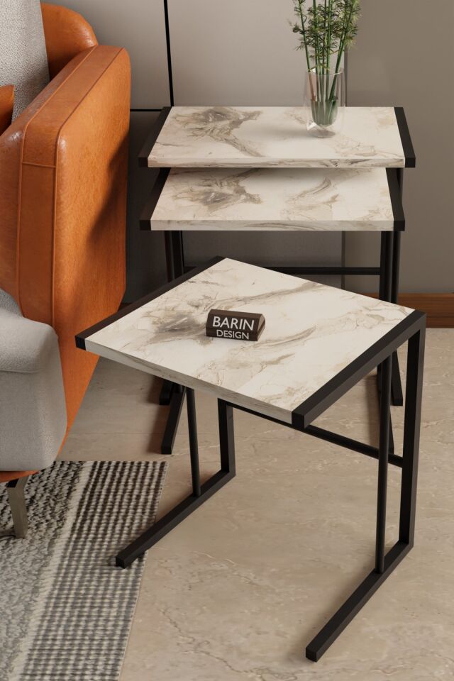 C Zigon Sehpa – 3'lü Modern Metal Yan Sehpa, Laptop Masası ve Koltuk Yanı Kahve Sehpası Beyaz Mermer