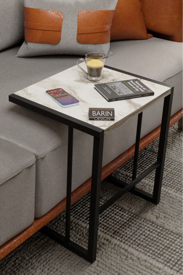 C Zigon Sehpa – 3'lü Modern Metal Yan Sehpa, Laptop Masası ve Koltuk Yanı Kahve Sehpası Beyaz Mermer