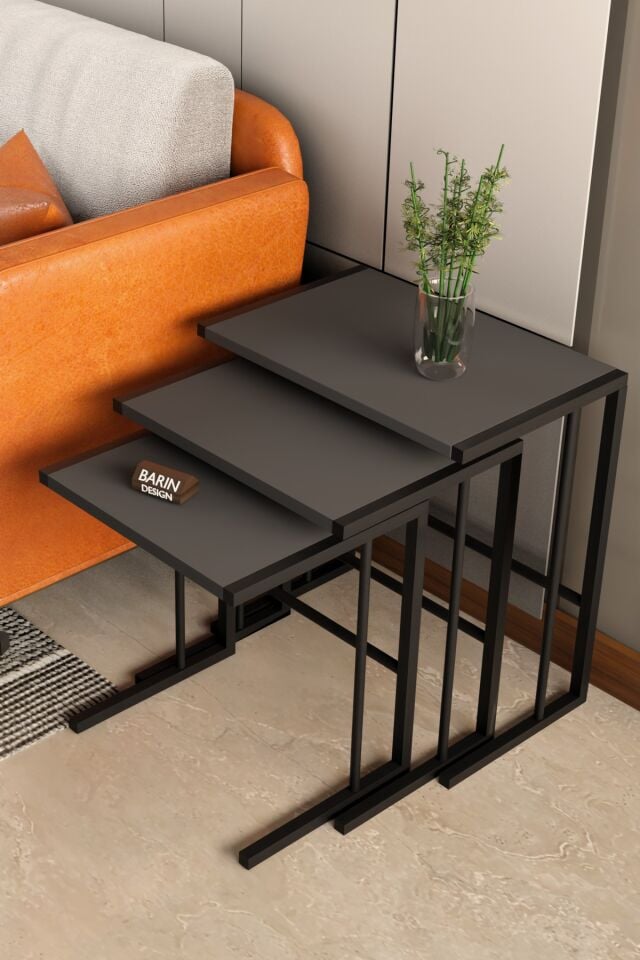 C Zigon Sehpa – 3'lü Modern Metal Yan Sehpa, Laptop Masası ve Koltuk Yanı Kahve Sehpası Antrasit