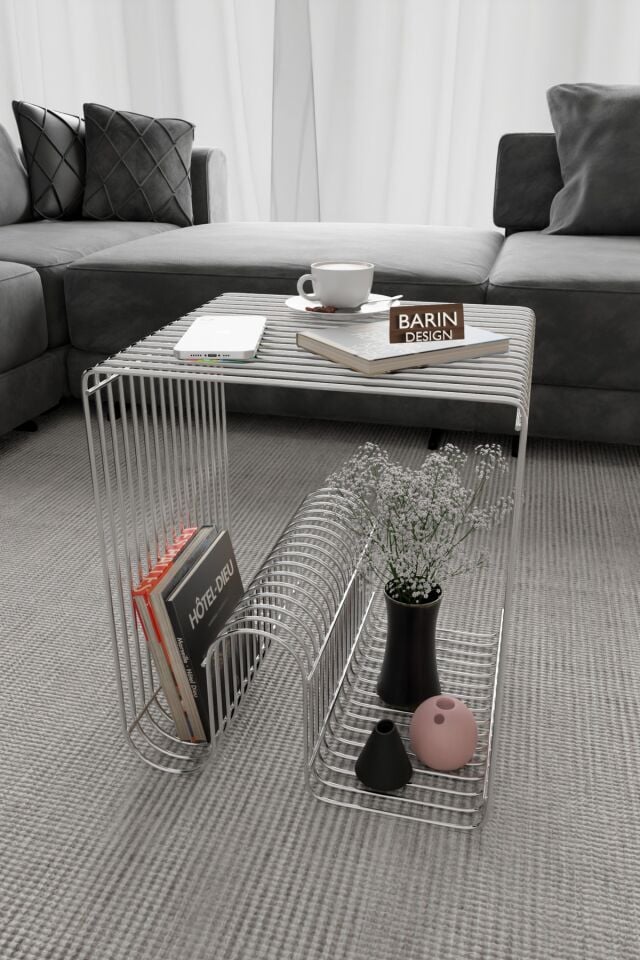 Modern Metal Tel Orta Sehpa Yan Sehpa – Orta Sehpa ve Dekoratif Salon Masası Gümüş Renk