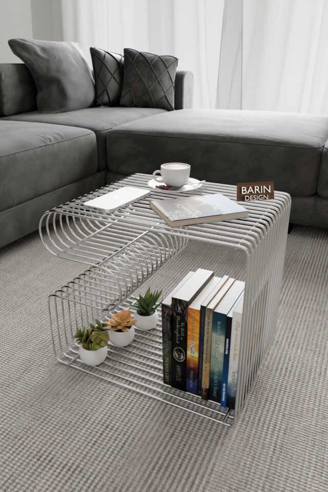 Modern Metal Tel Orta Sehpa Yan Sehpa – Orta Sehpa ve Dekoratif Salon Masası Gümüş Renk