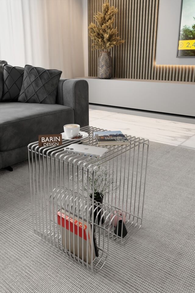 Modern Metal Tel Orta Sehpa Yan Sehpa – Orta Sehpa ve Dekoratif Salon Masası Gümüş Renk