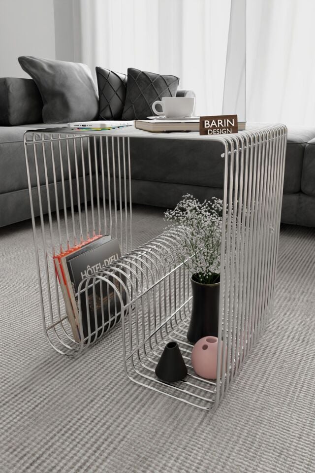 Modern Metal Tel Orta Sehpa Yan Sehpa – Orta Sehpa ve Dekoratif Salon Masası Gümüş Renk