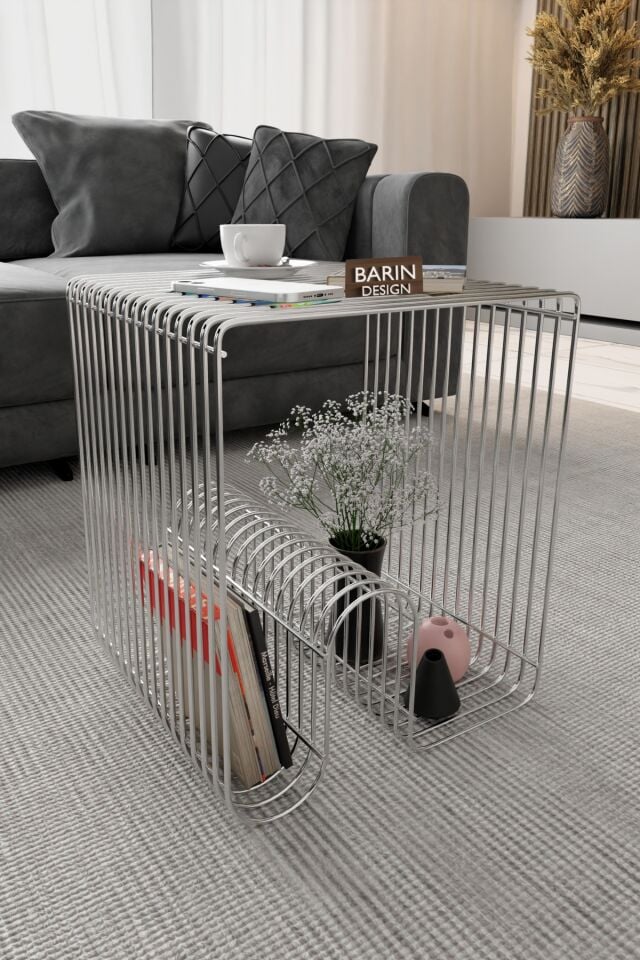 Modern Metal Tel Orta Sehpa Yan Sehpa – Orta Sehpa ve Dekoratif Salon Masası Gümüş Renk