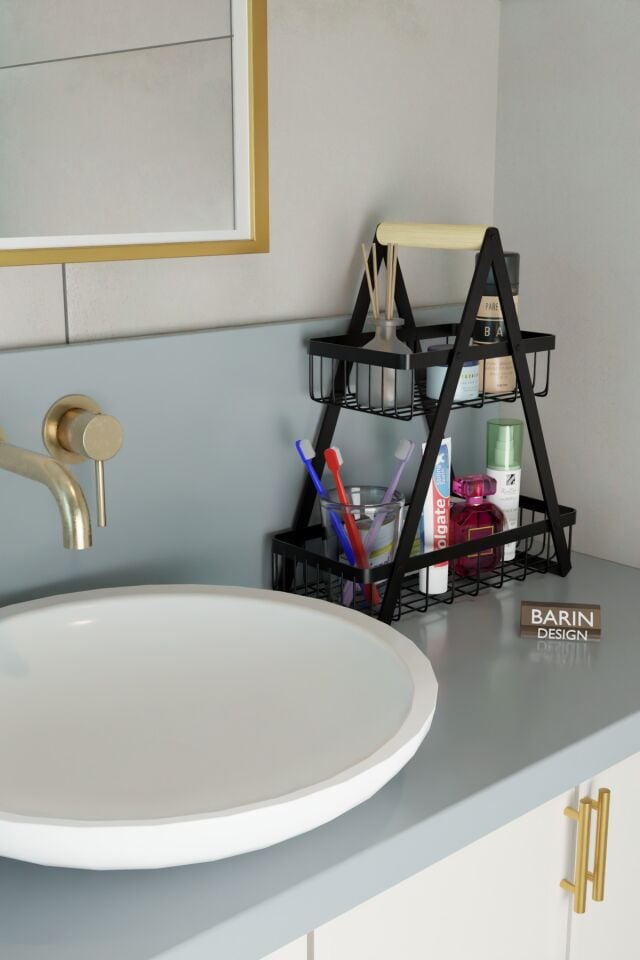 2 Katlı Metal Telli Banyo Düzenleyici Raf Kozmetik Kişisel Bakım Organizeri Sepetli