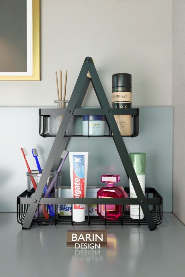 2 Katlı Metal Telli Banyo Düzenleyici Raf Kozmetik Kişisel Bakım Organizeri Sepetli