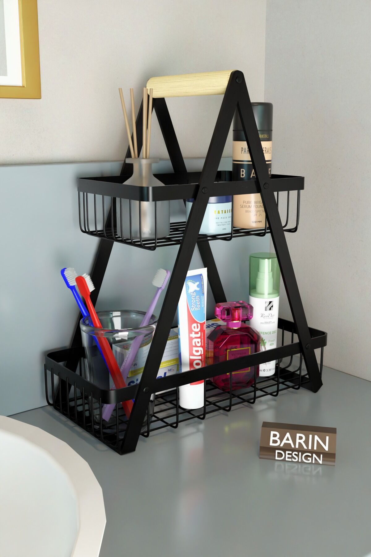 2 Katlı Metal Telli Banyo Düzenleyici Raf Kozmetik Kişisel Bakım Organizeri Sepetli