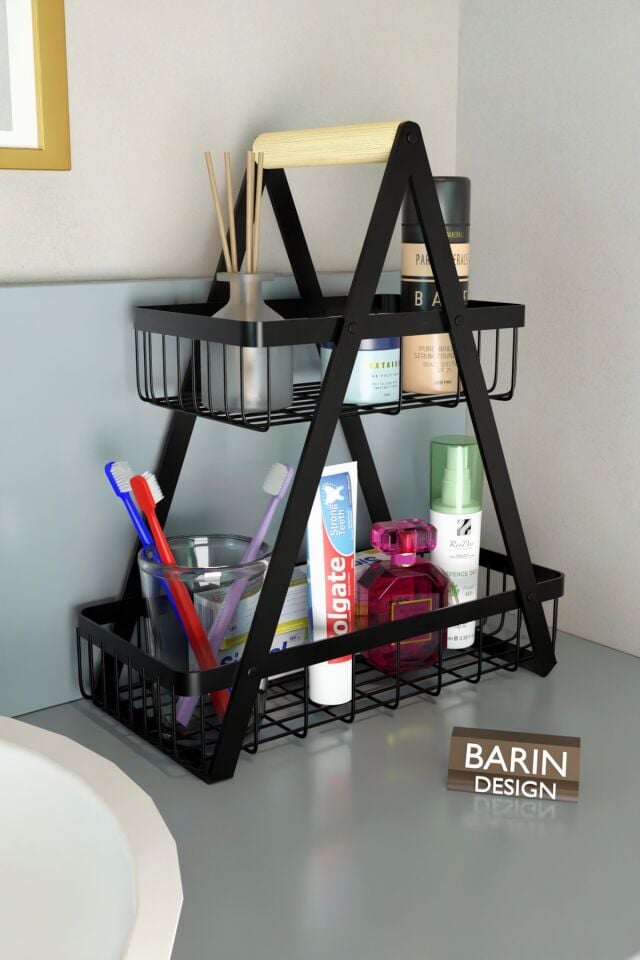 2 Katlı Metal Telli Banyo Düzenleyici Raf Kozmetik Kişisel Bakım Organizeri Sepetli