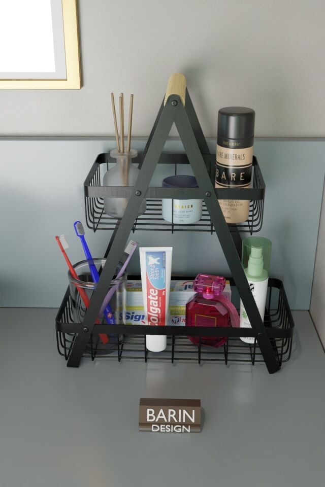 2 Katlı Metal Telli Banyo Düzenleyici Raf Kozmetik Kişisel Bakım Organizeri Sepetli