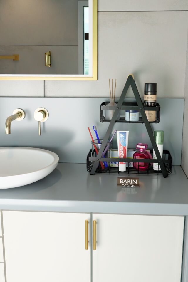 2 Katlı Metal Telli Banyo Düzenleyici Raf Kozmetik Kişisel Bakım Organizeri Sepetli