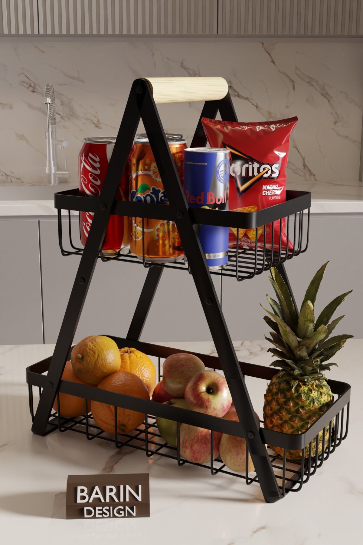 İki Katlı Metal Telli Mutfak Düzenleyici Raf Organizer – Meyve, Atıştırmalık, İçecek ve Sebze Standı