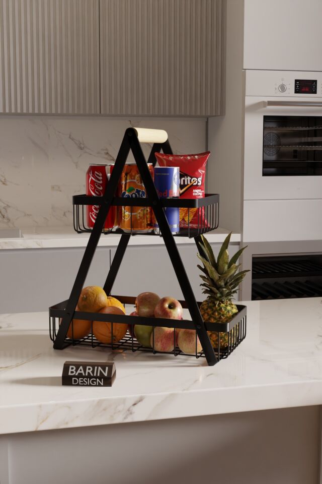 İki Katlı Metal Telli Mutfak Düzenleyici Raf Organizer – Meyve, Atıştırmalık, İçecek ve Sebze Standı