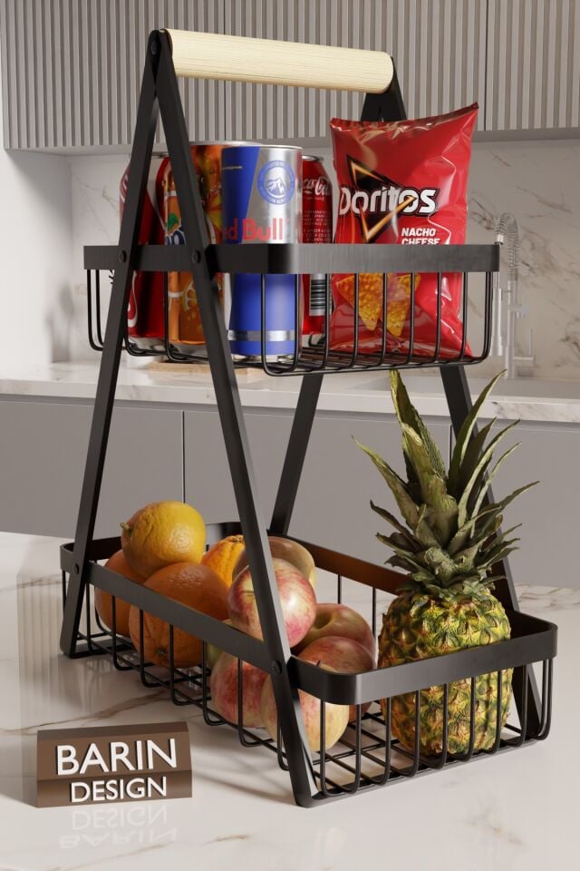 İki Katlı Metal Telli Mutfak Düzenleyici Raf Organizer – Meyve, Atıştırmalık, İçecek ve Sebze Standı