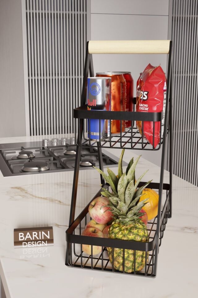 İki Katlı Metal Telli Mutfak Düzenleyici Raf Organizer – Meyve, Atıştırmalık, İçecek ve Sebze Standı