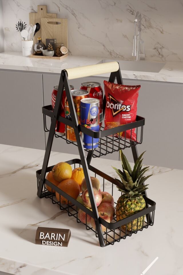 İki Katlı Metal Telli Mutfak Düzenleyici Raf Organizer – Meyve, Atıştırmalık, İçecek ve Sebze Standı