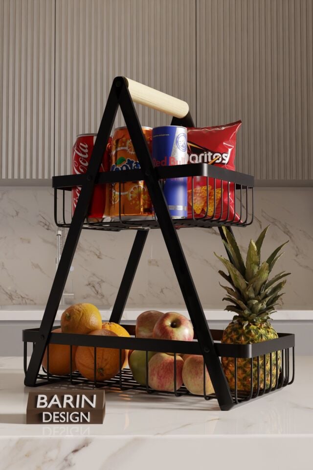 İki Katlı Metal Telli Mutfak Düzenleyici Raf Organizer – Meyve, Atıştırmalık, İçecek ve Sebze Standı