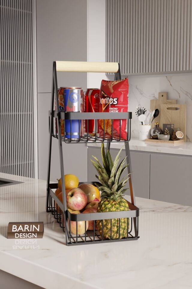 İki Katlı Metal Telli Mutfak Düzenleyici Raf Organizer – Meyve, Atıştırmalık, İçecek ve Sebze Standı