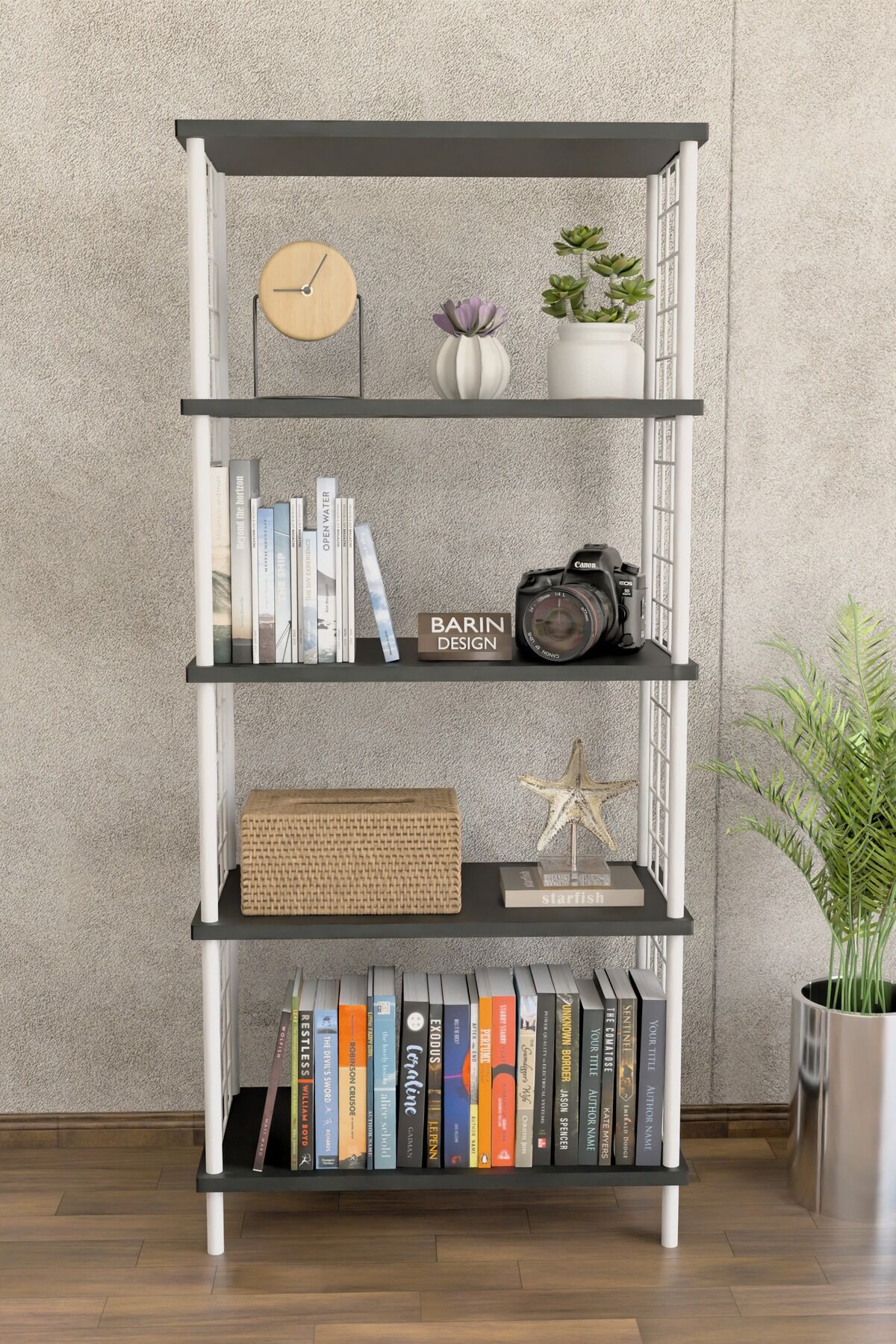 5 Raflı Beyaz Telli Metal Kitaplık Salon, Ofis, Çalışma Odası - Düzenleyici Çevir Tak Kolay Kurulum Antrasit