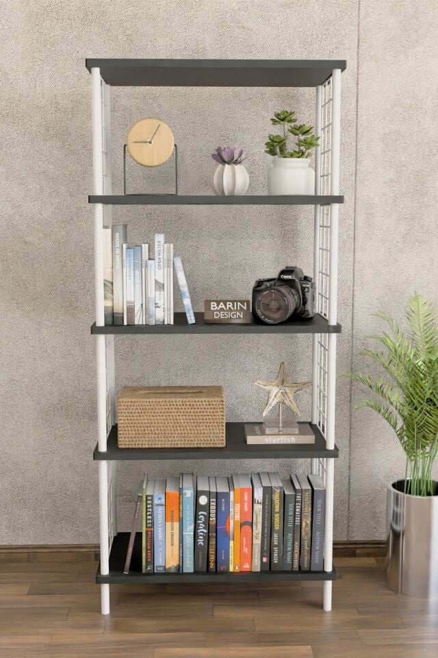 5 Raflı Beyaz Telli Metal Kitaplık Salon, Ofis, Çalışma Odası - Düzenleyici Çevir Tak Kolay Kurulum Antrasit