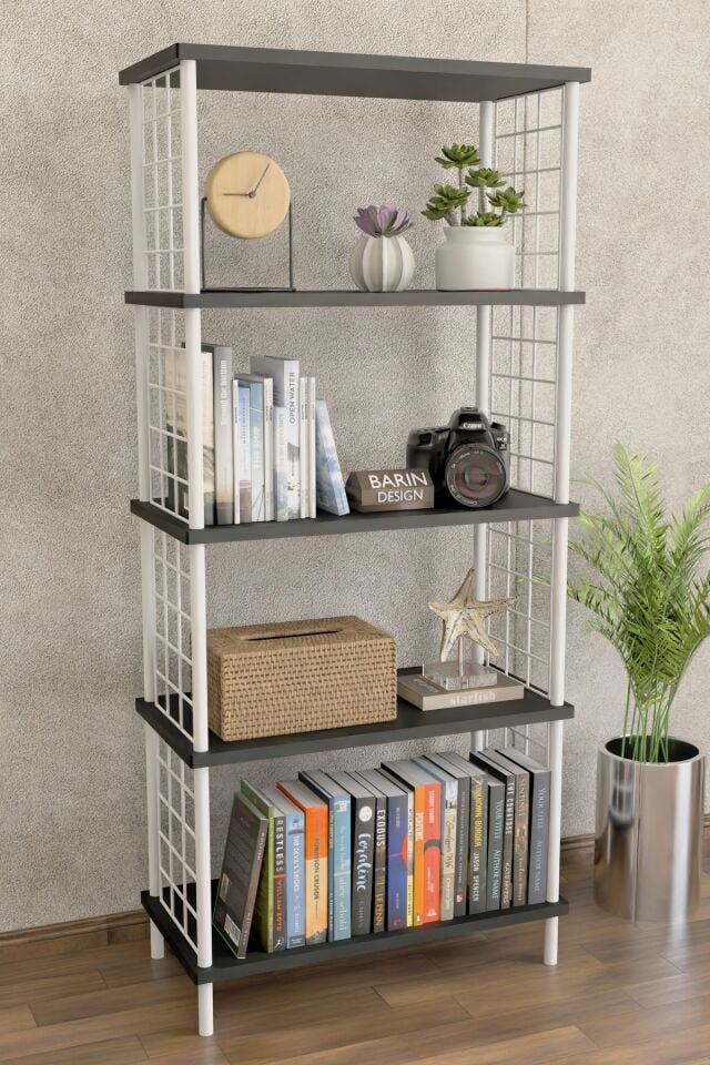 5 Raflı Beyaz Telli Metal Kitaplık Salon, Ofis, Çalışma Odası - Düzenleyici Çevir Tak Kolay Kurulum Antrasit
