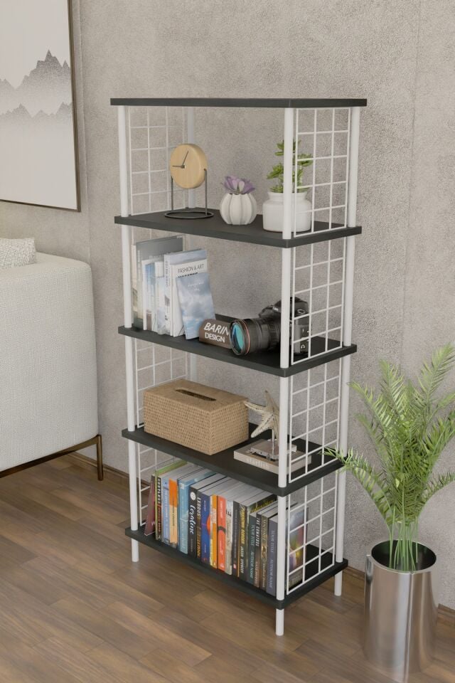 5 Raflı Beyaz Telli Metal Kitaplık Salon, Ofis, Çalışma Odası - Düzenleyici Çevir Tak Kolay Kurulum Antrasit
