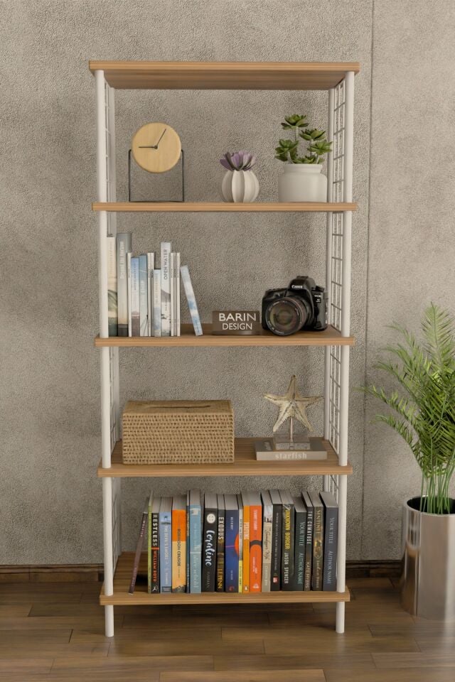 5 Raflı Beyaz Telli Metal Kitaplık Salon, Ofis, Çalışma Odası - Düzenleyici Çevir Tak Kolay Kurulum Atlantik Çam