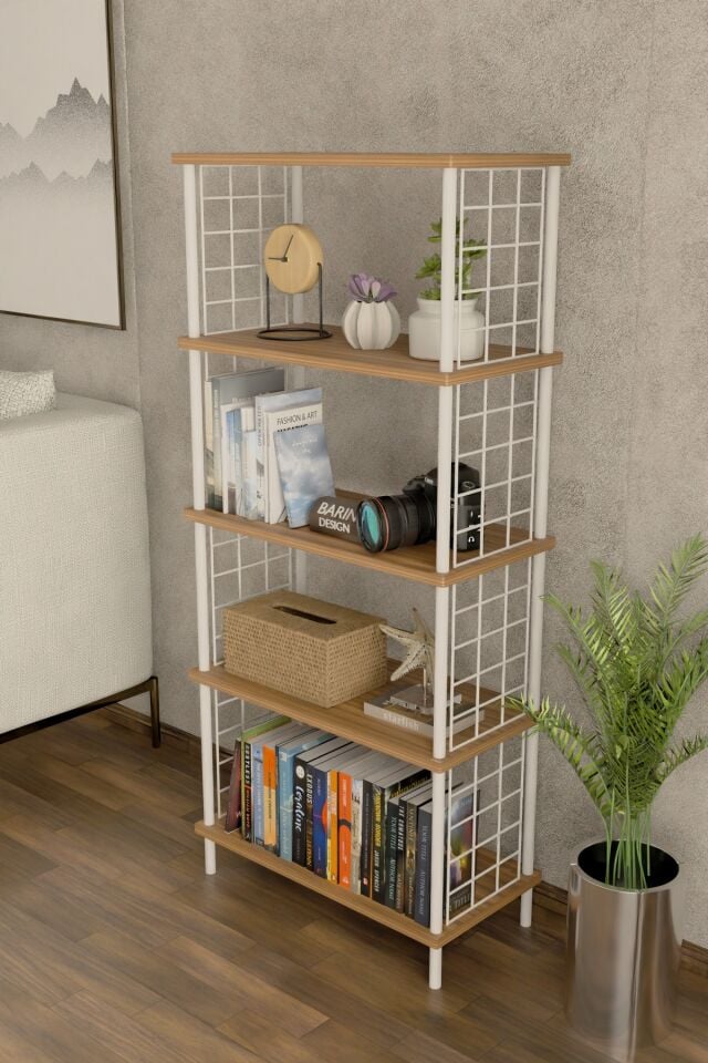 5 Raflı Beyaz Telli Metal Kitaplık Salon, Ofis, Çalışma Odası - Düzenleyici Çevir Tak Kolay Kurulum Atlantik Çam