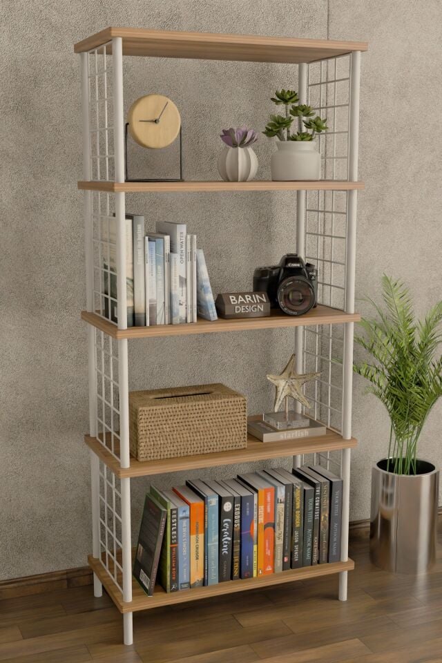 5 Raflı Beyaz Telli Metal Kitaplık Salon, Ofis, Çalışma Odası - Düzenleyici Çevir Tak Kolay Kurulum Atlantik Çam