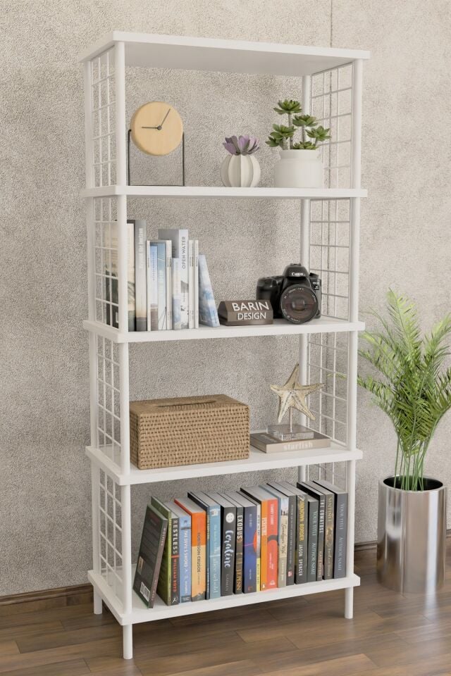 5 Raflı Beyaz Telli Metal Kitaplık Salon, Ofis, Çalışma Odası - Düzenleyici Çevir Tak Kolay Kurulum Beyaz