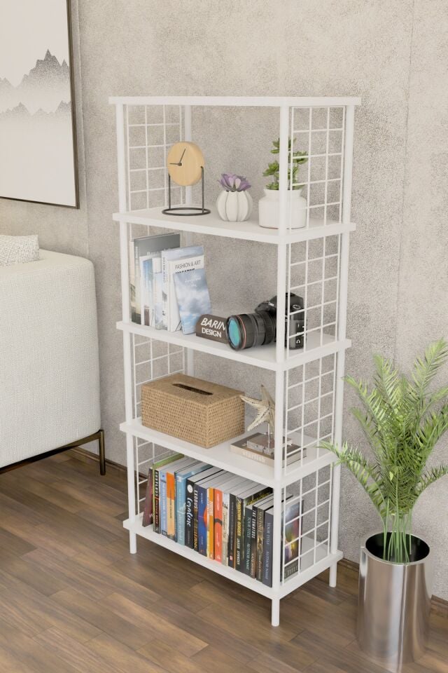 5 Raflı Beyaz Telli Metal Kitaplık Salon, Ofis, Çalışma Odası - Düzenleyici Çevir Tak Kolay Kurulum Beyaz