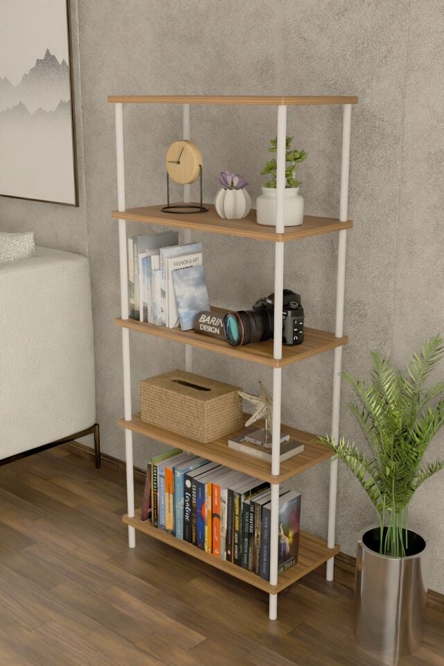 5 Raflı Modern Metal Gövdeli Kitaplık Çevir-Tak Kolay Kurulum Çalışma Odası, Salon, Ofis Kullanımı Atlantik Çam