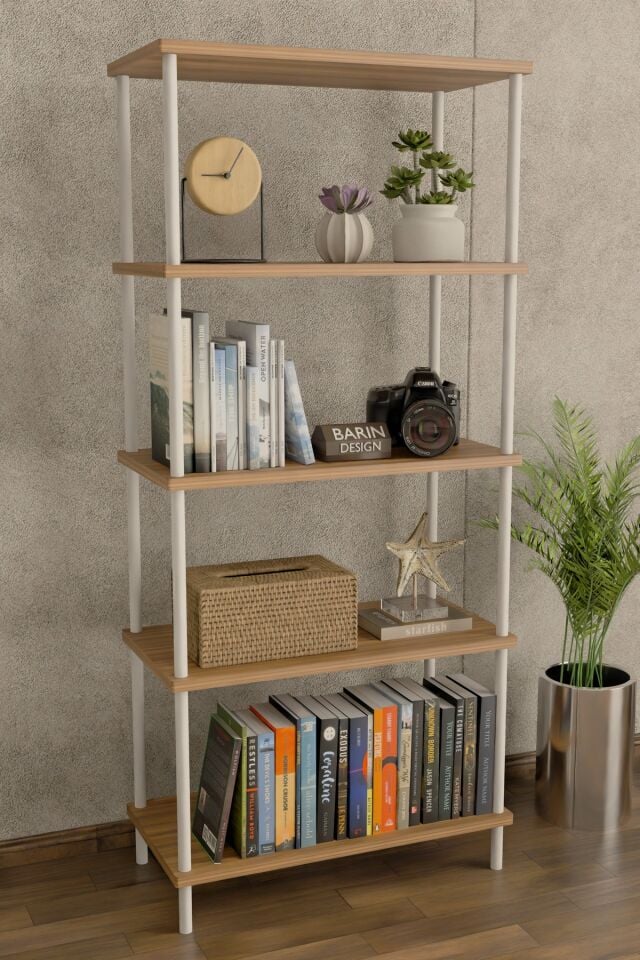 5 Raflı Modern Metal Gövdeli Kitaplık Çevir-Tak Kolay Kurulum Çalışma Odası, Salon, Ofis Kullanımı Atlantik Çam