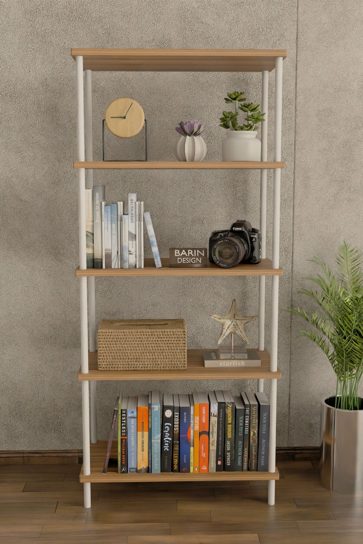 5 Raflı Modern Metal Gövdeli Kitaplık Çevir-Tak Kolay Kurulum Çalışma Odası, Salon, Ofis Kullanımı Atlantik Çam